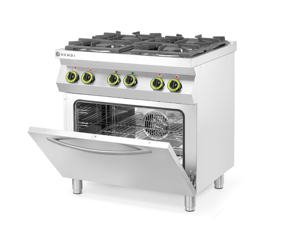 Gasni šporet sa 4 gorionika sa konvekcionom rernom GN 1/1, HENDI, Kitchen Line, 230V/3000W, 19kW, 800x722x(H)900mm