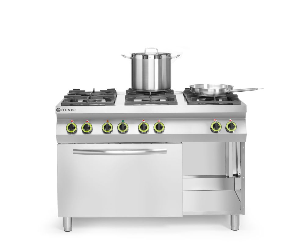 Gasni šporet 6 plamenika sa konvekcionom rernom GN 1/1, HENDI, Kitchen Line, 230V/3000W, 28,5kW, 1200x722x(H)900mm