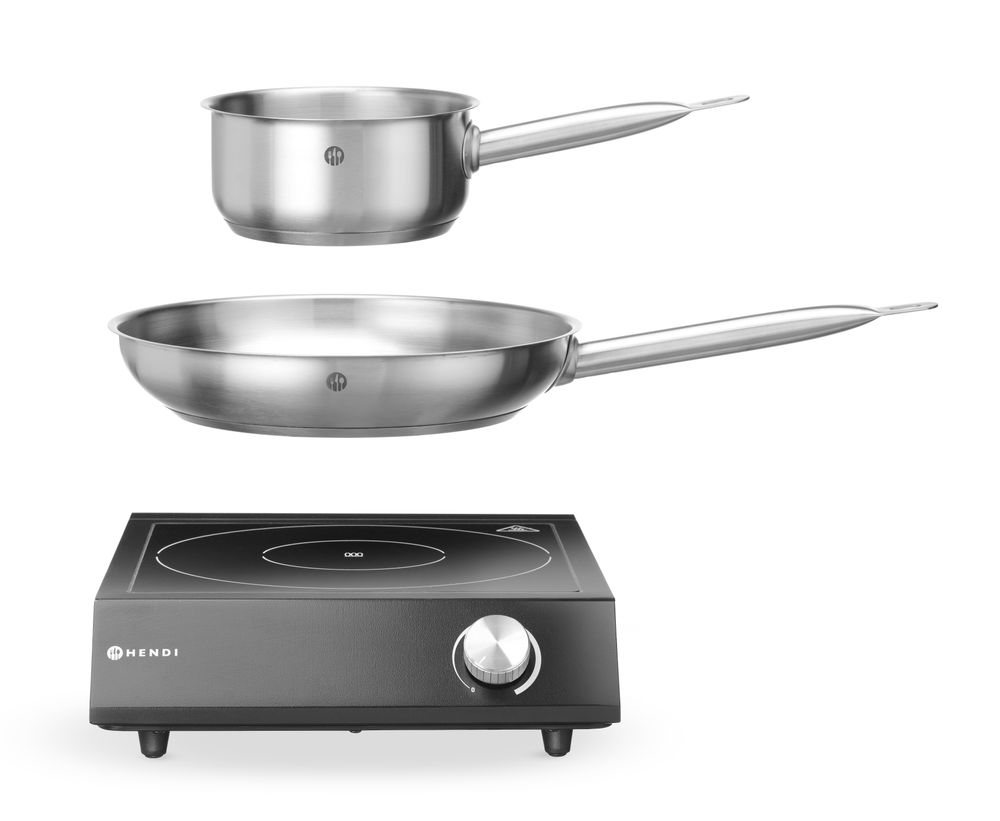Komplet: indukciona ploča 3500W + lonac za dinstanje + tiganj za prženje, HENDI, Crna, 220-240V/3500W, 320x395x(H)95mm