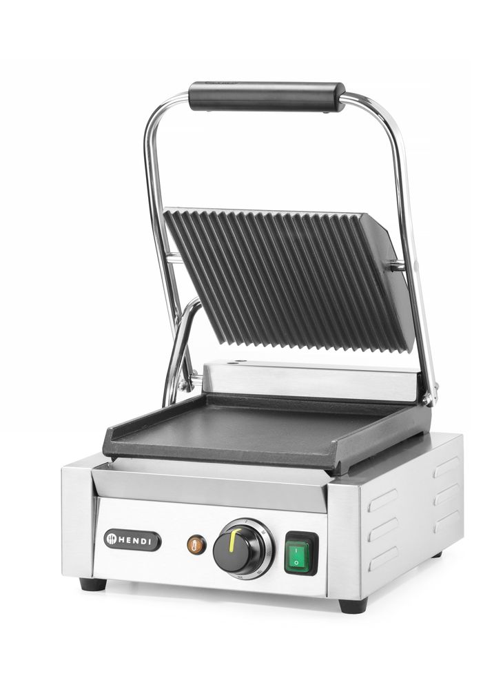 Kontaktni roštilj - jednostruki, HENDI, Rebrasti vrh i glatko dno, 230V/1800W, 310x375x(H)216mm