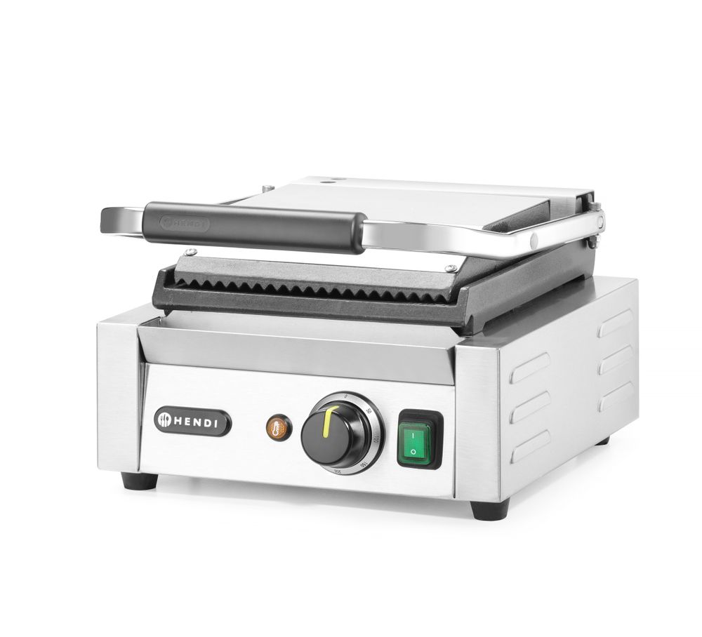 Kontaktni roštilj - jednostruki, HENDI, Rebrasti vrh i glatko dno, 230V/1800W, 310x375x(H)216mm