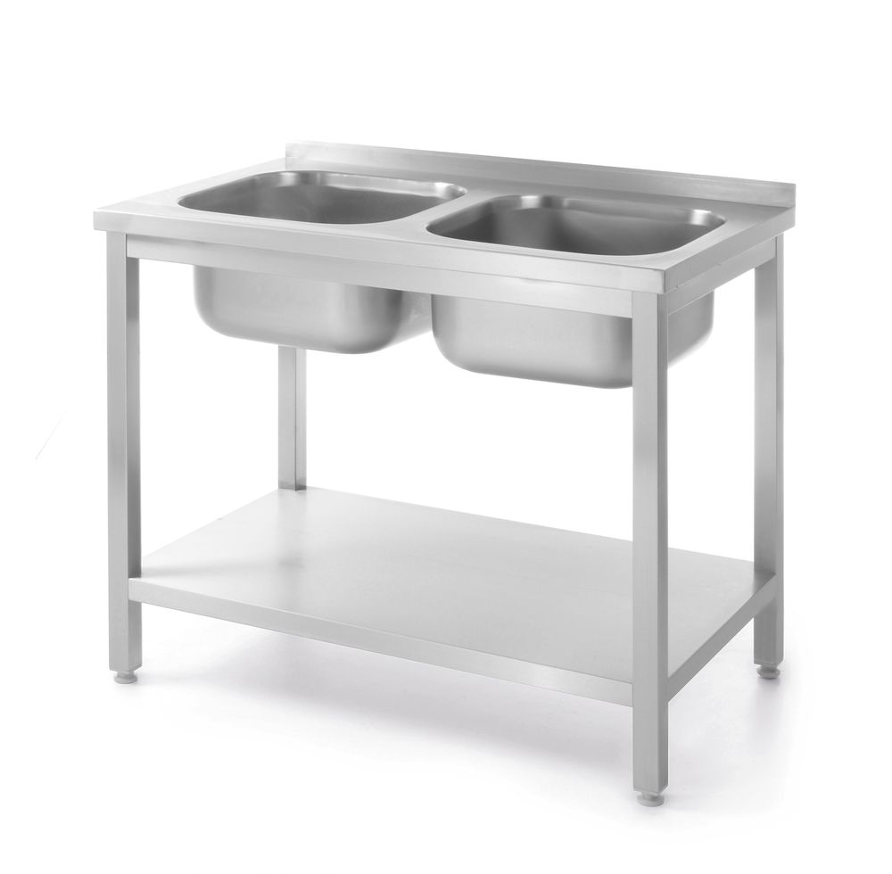 Sto sa 2 sudopere i policom, pričvršćen šrafovima, HENDI, Kitchen Line, 1000x600x(H)850mm
