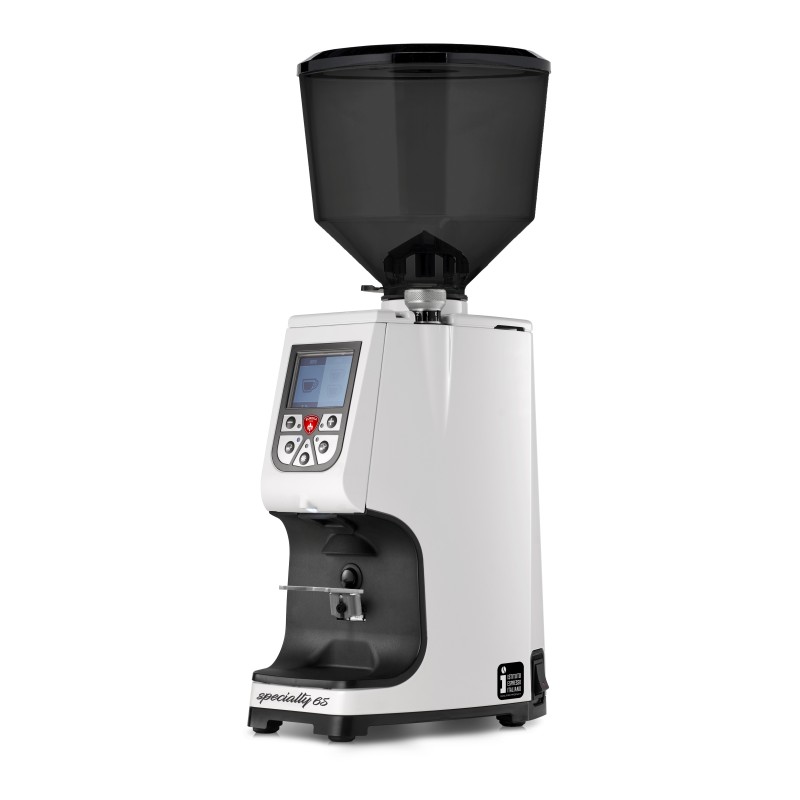 Eureka Atom Specialty 65 White Coffee Grinder - Elite - Hardened Steel - White - Tall Smoked Hopper - 220 V