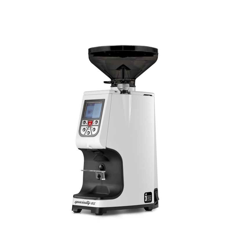 Eureka Atom Specialty 65 White Coffee Grinder - Elite - Red Speed - White - Short Smoked Hopper - 110 V