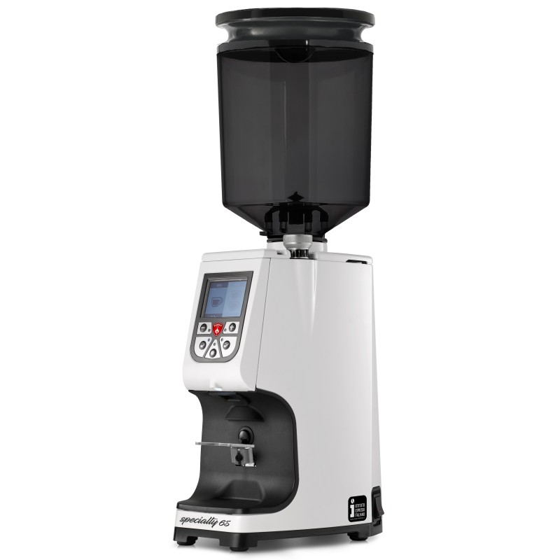 Eureka Atom Specialty 65 White Coffee Grinder - Elite - White - Blow Up Tall Smoked Hopper - 220 V
