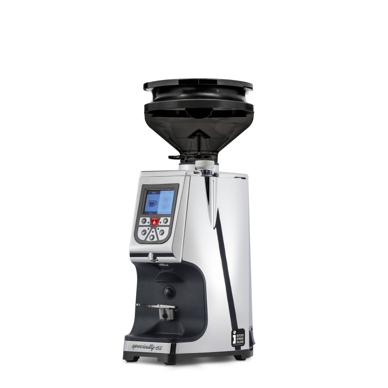 Eureka Atom Specialty 65 Chrome Coffee Grinder - Hardened Steel - Chrome - Blow Up Short Smoked Hopper - 110 V