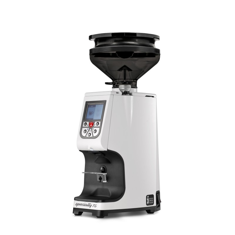 Eureka Atom Specialty 75 White Coffee Grinder - Premium - Hardened Steel - White - Blow Up Short Smoked Hopper - 220 V
