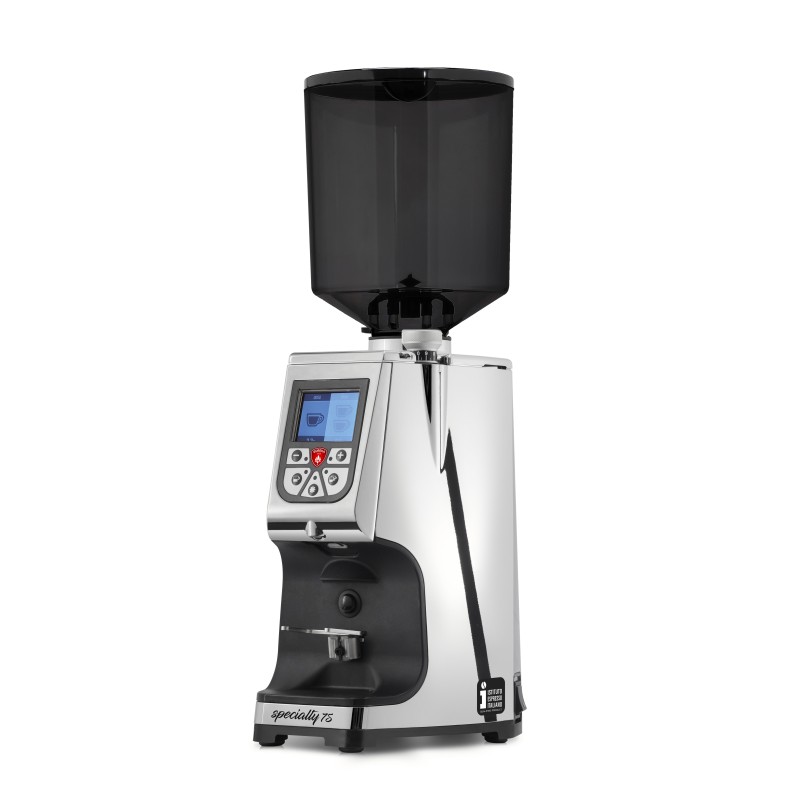 Eureka Atom Specialty 75 Chrome Coffee Grinder - Quiet Power - Diamond - Chrome - Tall Smoked Hopper - 220 V
