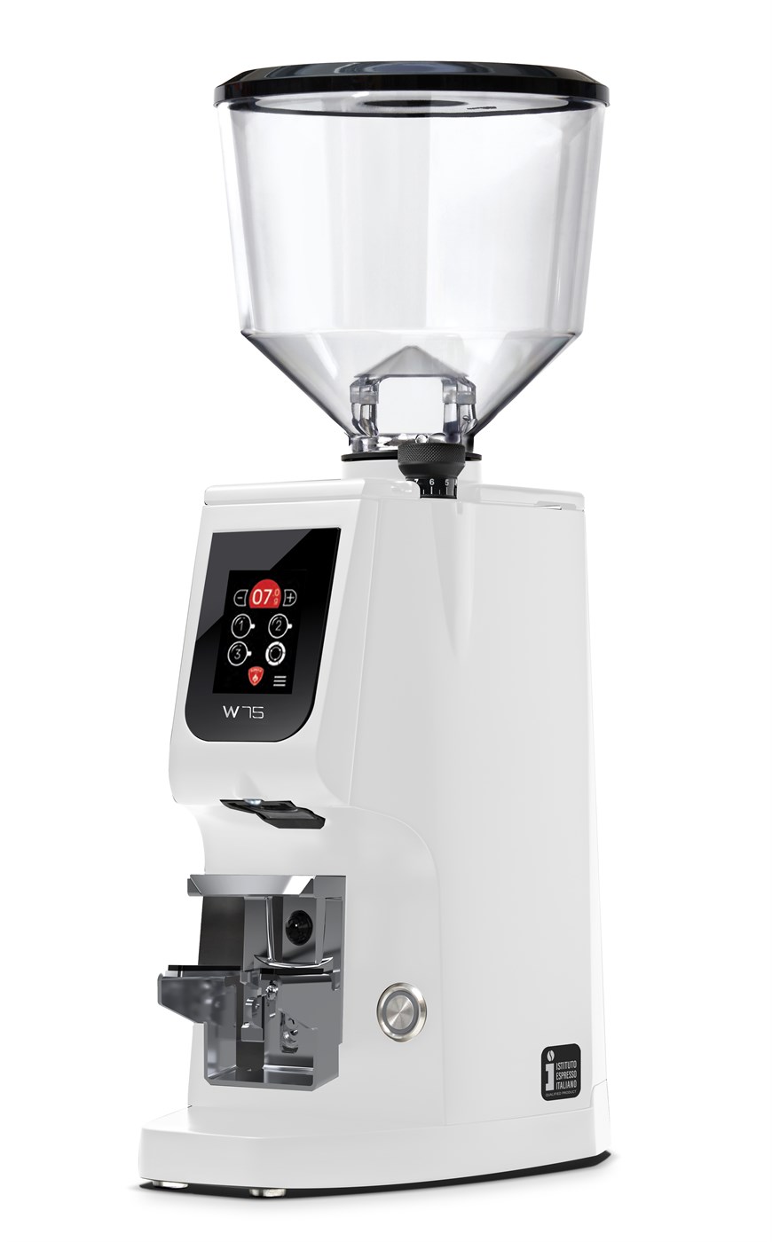Eureka Atom W 75 Coffee Grinder - Advanced Grinding - Titanium - White - Blow Up Tall Hopper - 110 V