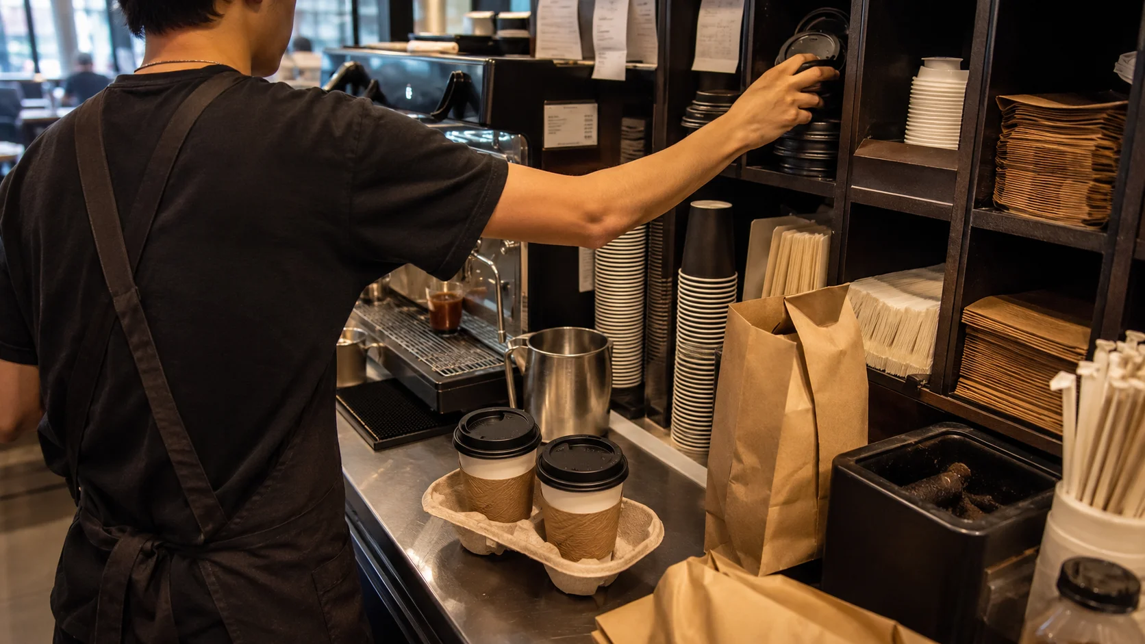 Barista se pruža da uzme poklopce za poneti u prostoru za pripremu kafe, gde su čaše, kese, salvete, slamke i nosači za pića smešteni pored espreso stanice