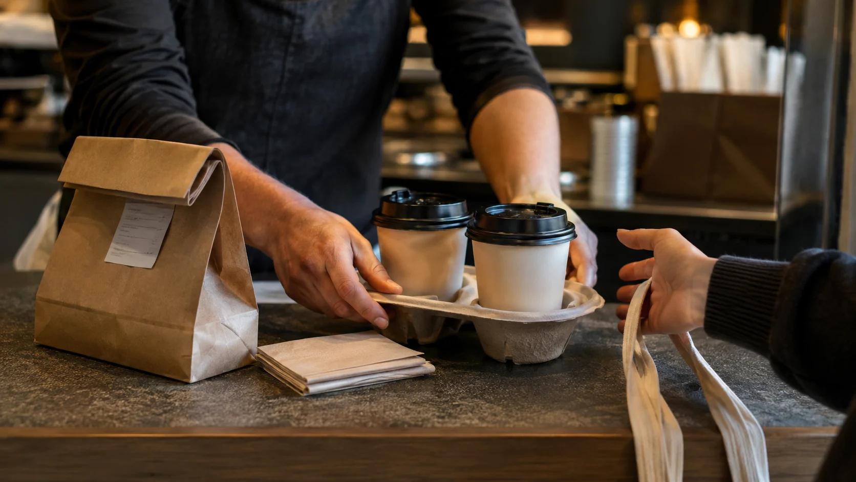 Barista predaje mušteriji dva kafea za poneti u nosaču za pića, sa papirnom kesom i salvetama na pultu kafića