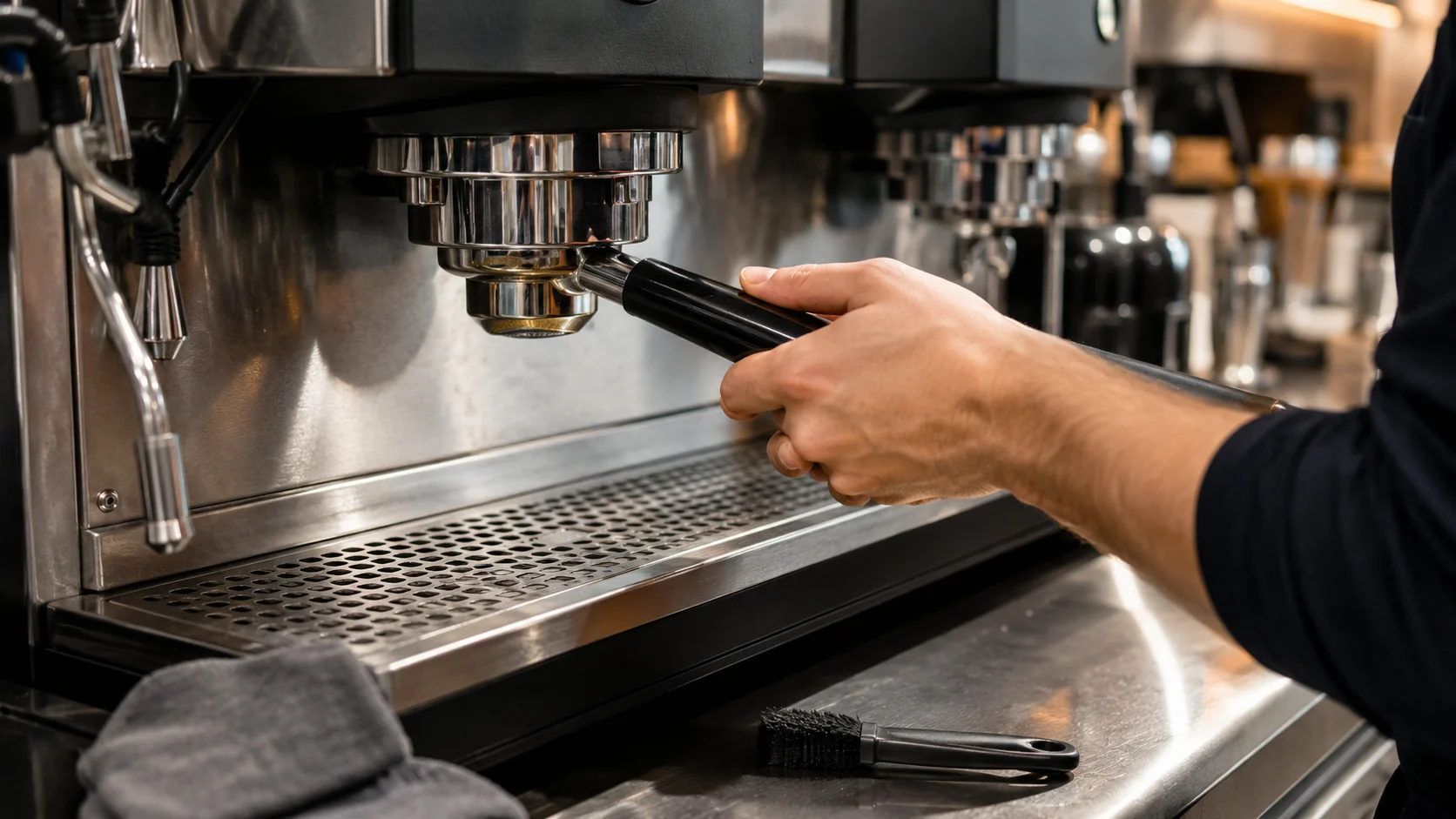 Član osoblja kafića zaključava portafilter u komercijalni espreso aparat tokom rutinske pripreme kafe ili čišćenja