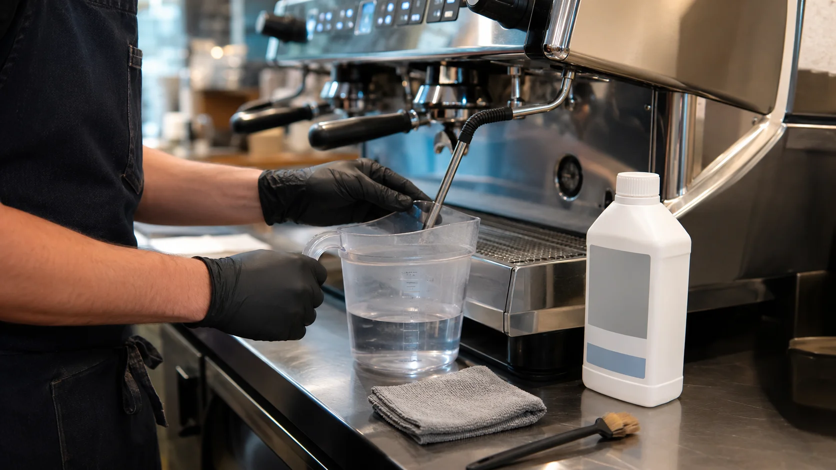 Barista u rukavicama čisti mlaznicu za paru espreso mašine u mernoj posudi sa sredstvom za čišćenje, krpom i četkom na šanku kafića